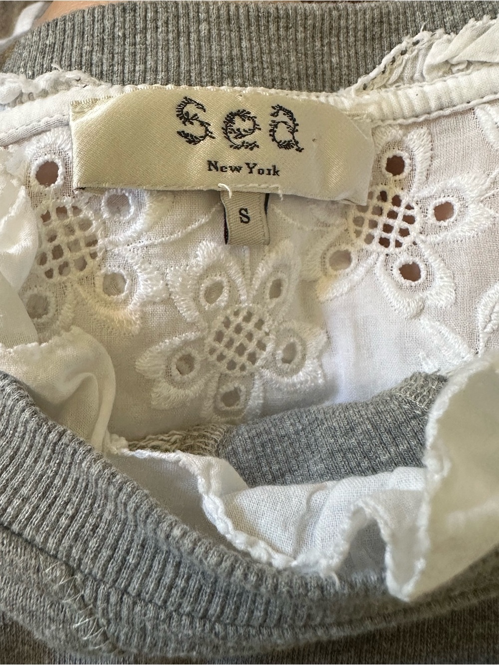 Sea New York Small Gray Eyelet Lace Ruffle Sweatshirt Romantic Boho - Picture 3 of 11